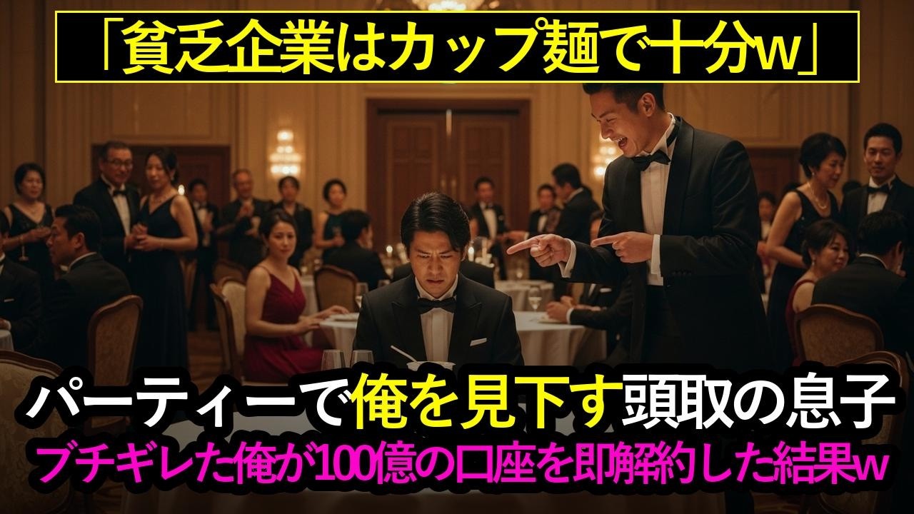 パーティーで「貧乏企業はカップ麺で十分ｗ」と笑う頭取息子➡俺「ブチギレたｗ100億の口座、今すぐ解約だｗ」 #スカッとする話