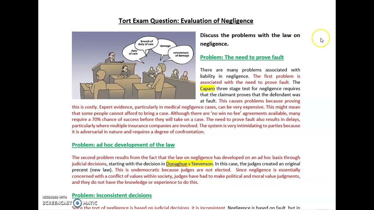 Exam Question: Evaluation of negligence in tort