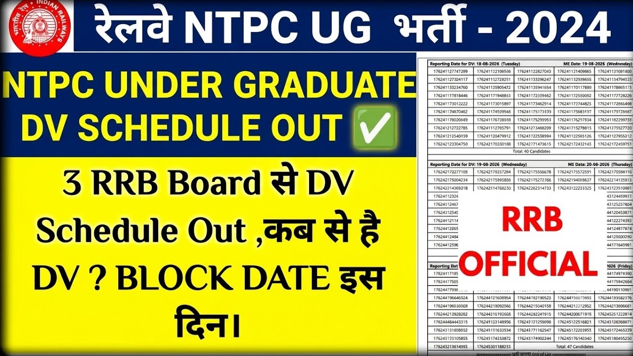 RRB NTPC UG DV Schedule Released 2026 | Railway NTPC DV Date & Block Date Out!