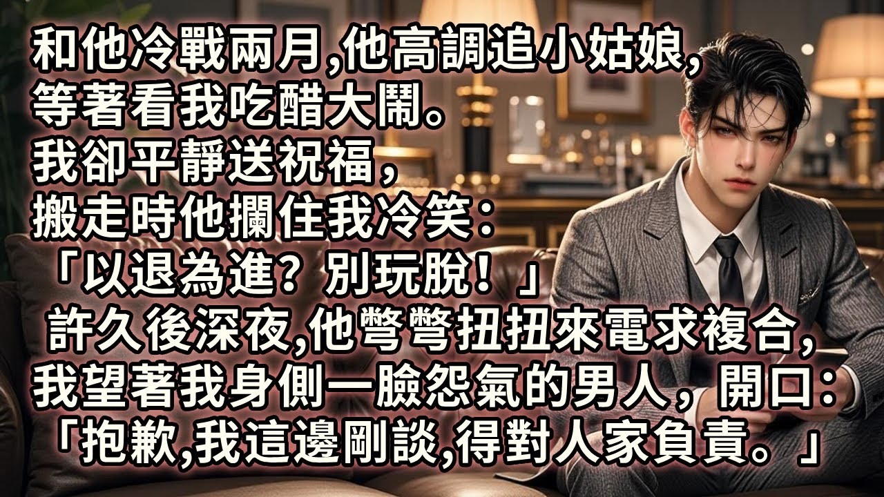 和他冷戰兩月，他高調追小姑娘，等著看我吃醋大鬧。我卻平靜送祝福，搬走時他攔住我冷笑：「以退為進？別玩脫！」 許久後深夜，他來電求複合，我望著我身側一臉怨氣的男人：「抱歉，我這邊剛談，得對人家負責。」