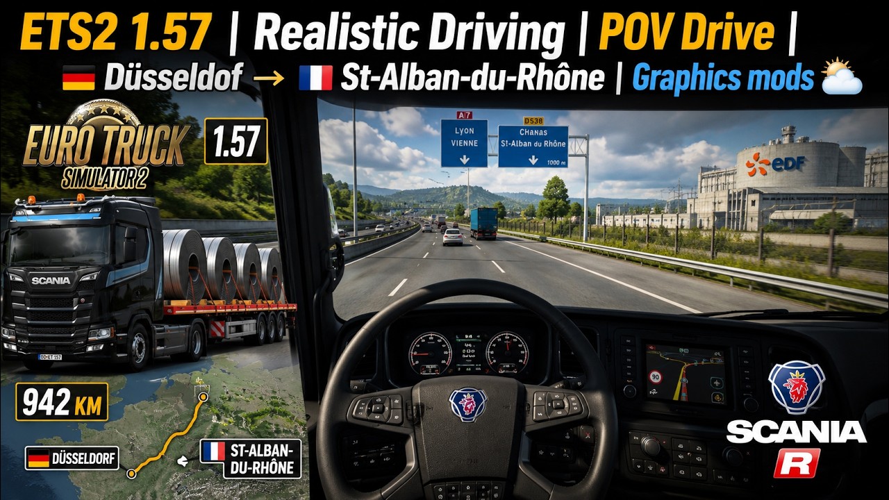 ETS2 1.57 | Realistic Driving | POV Drive | 🇩🇪 Düsseldof → 🇫🇷 St-Alban-du-Rhône | Graphics mods 🌥️