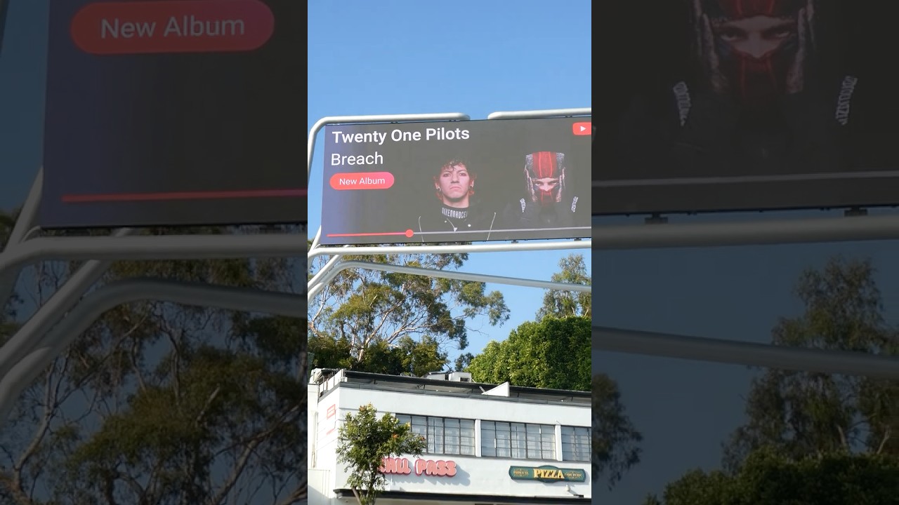 Twenty One Pilots Breach New Album YouTube Billboard Sunset Blvd LA CA 9-12-25 Tyler Joseph Josh Dun