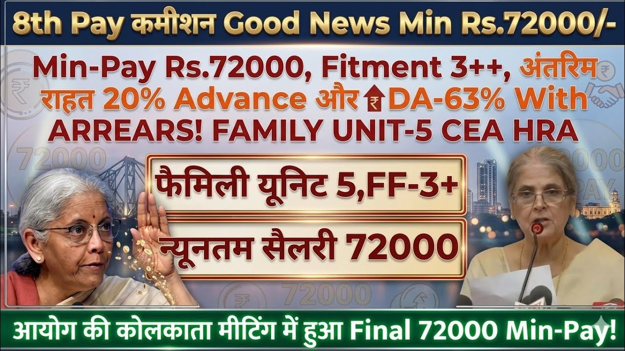 8th Pay कमिशन! Good News! Min-Pay Rs.72000/-  Family Unit-5 Fitement 3++ DA Arrears CEA HRA @ATARLLB