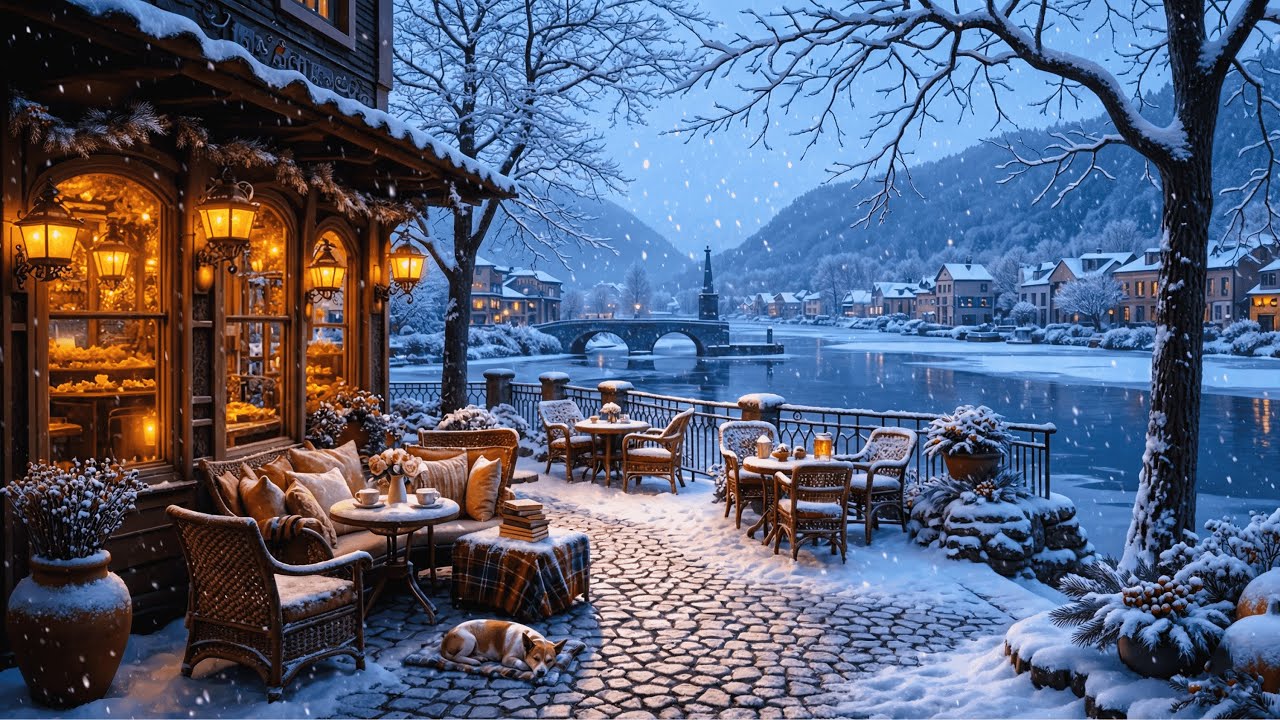 Cozy Winter Piano Music ❄️ Riverside Café Snowfall Ambience