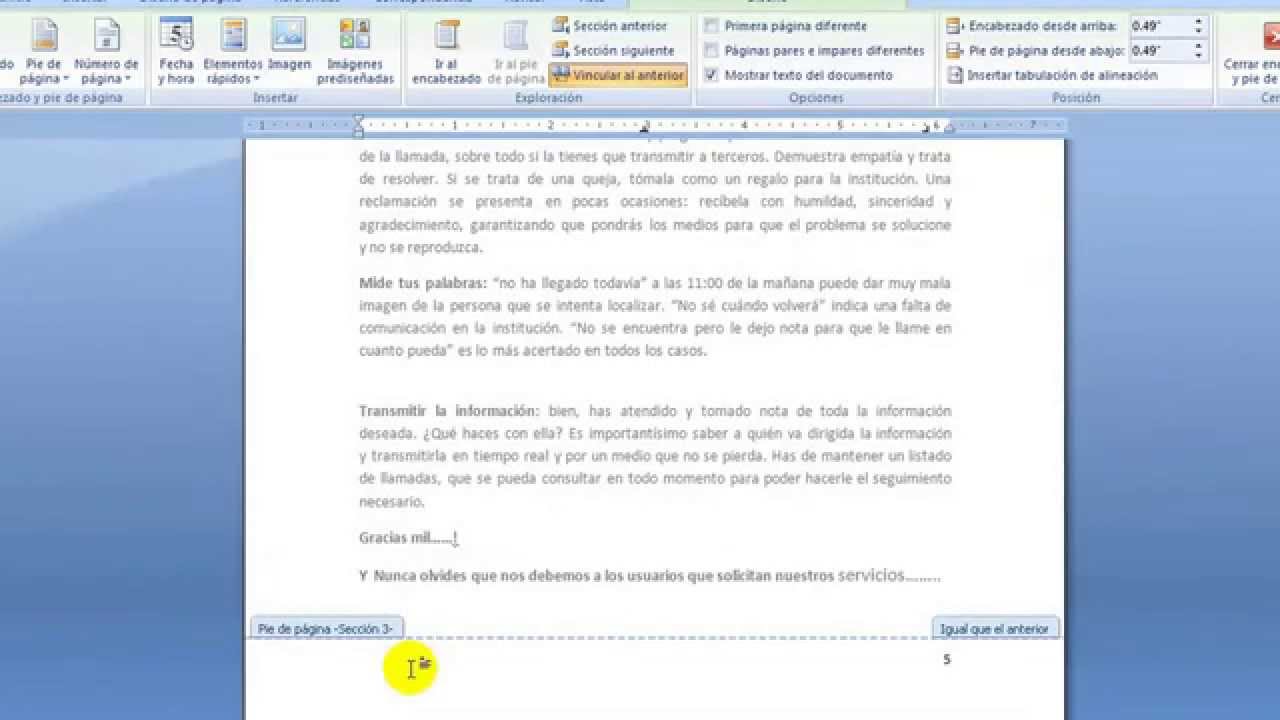 Cómo introducir Encabezado y Pie de Página diferentes en Word 2007