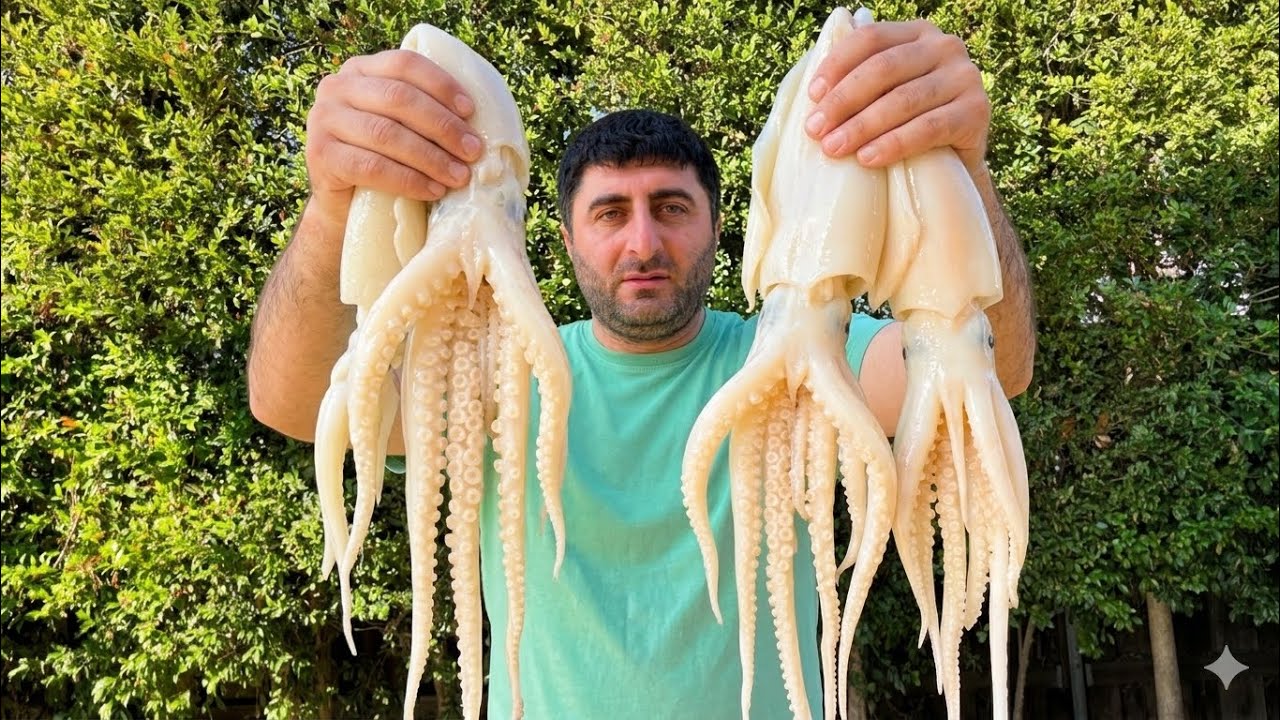 “Grilled Sea Giant: Squid Skewers and Salad!”