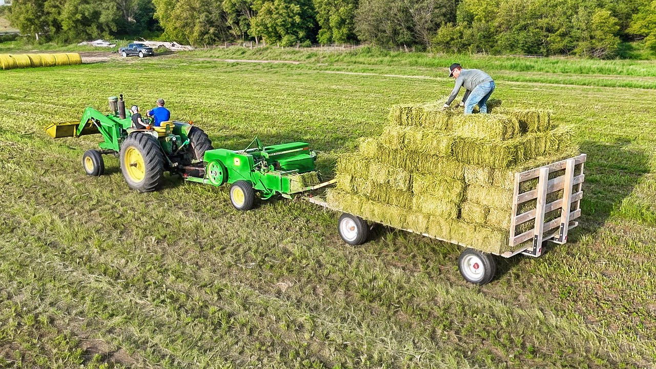 Square Baling a Full Hay Wagon (Start to Finish)