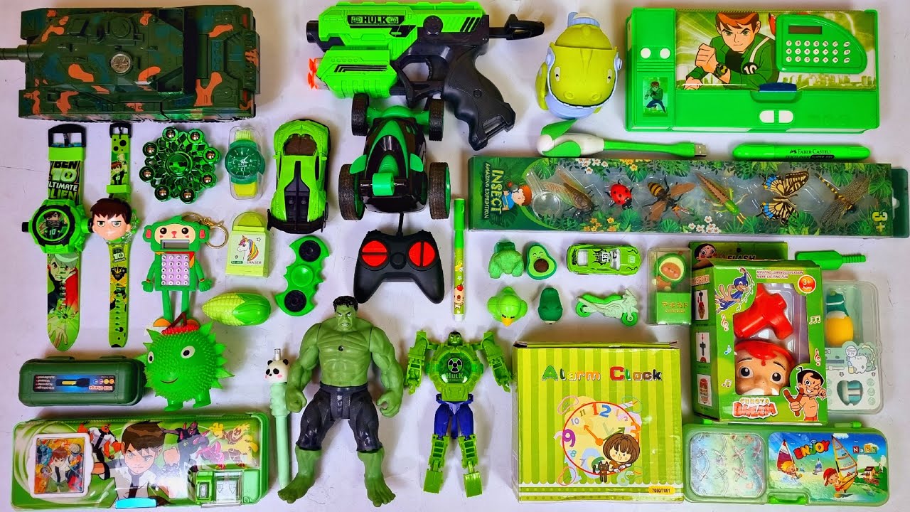 Ultimate green toys collection - ben10 pencil case, light watch, nerf gun, rc car, pencil sharpner..