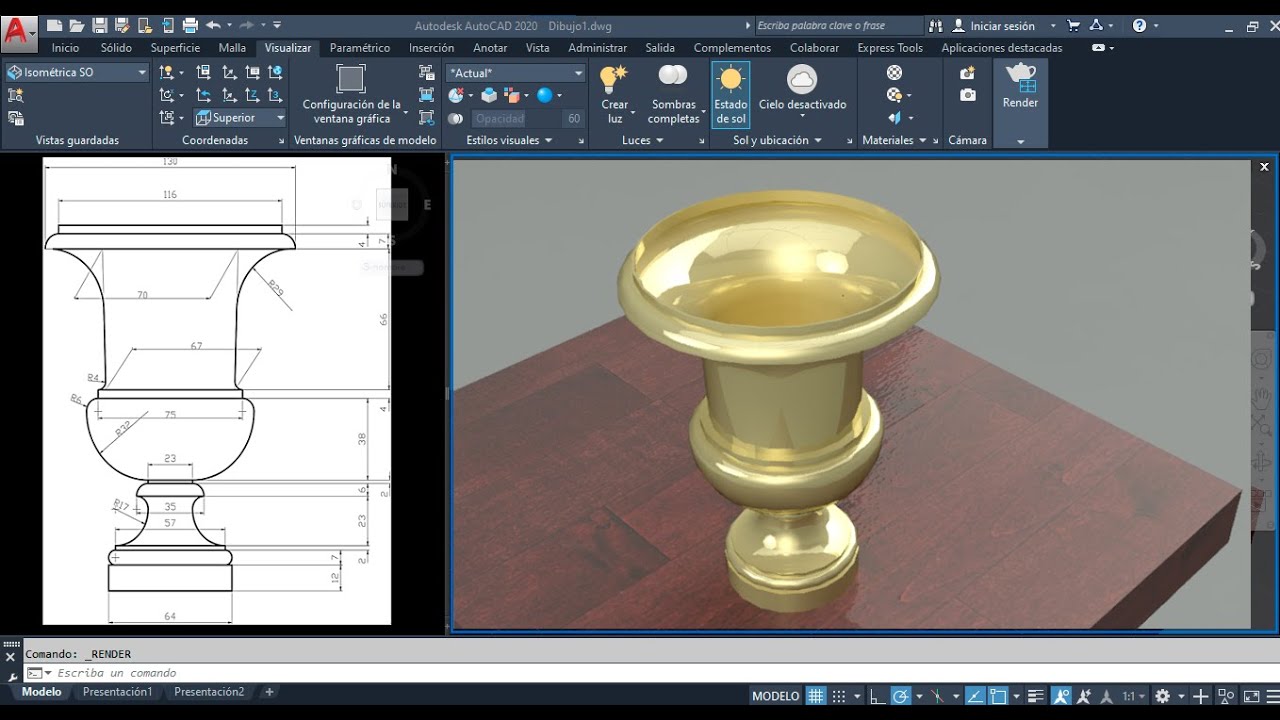 AUTOCAD dibujo de una copa de 2D a 3 Dimensiones y renderizado