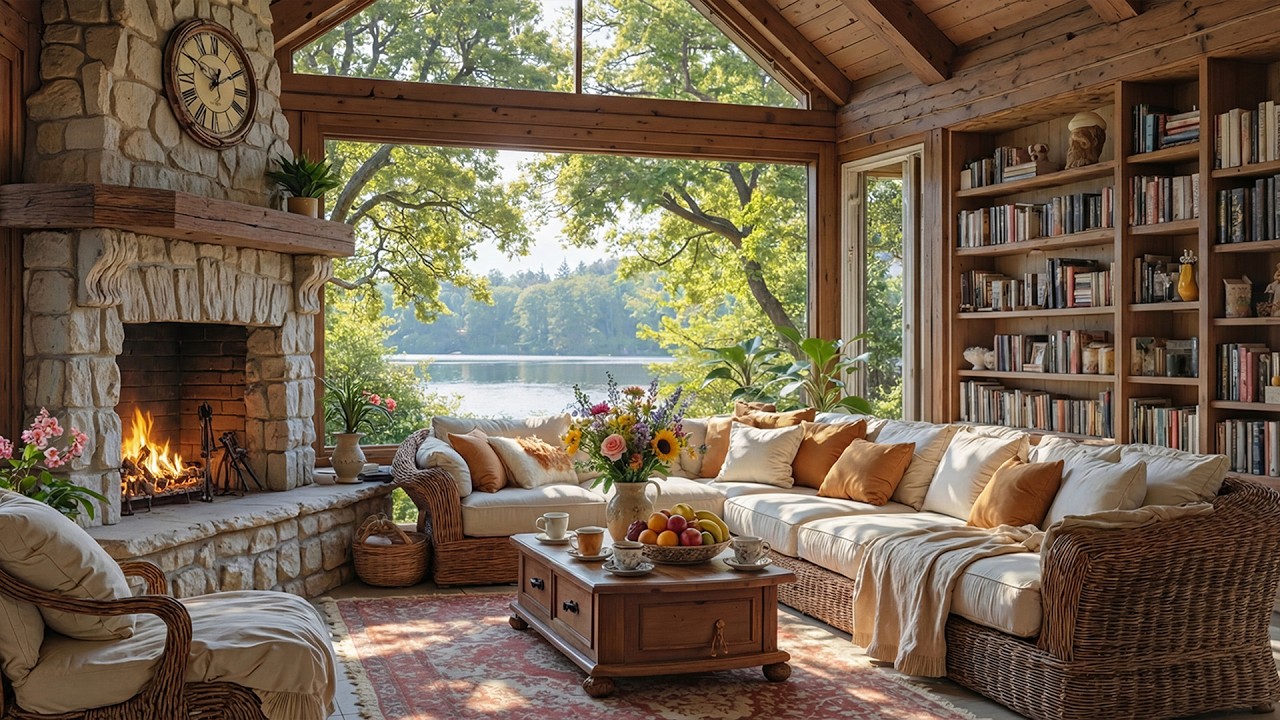Cozy Spring Morning at the Lakeside Cabin 🌸 Piano Music & Fireplace Sounds for Study