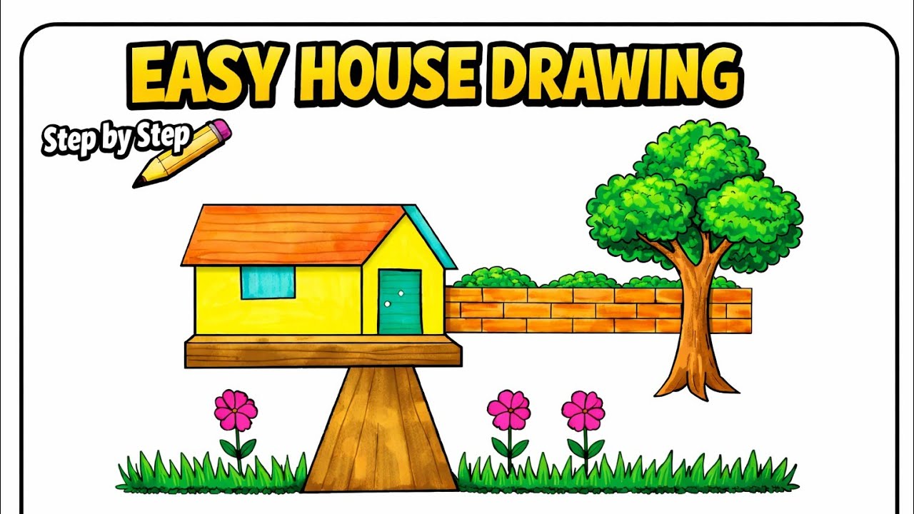 Scenery drawing| House Scenery drawing| Very easy Scenery drawing| Beautiful Nature Drawing|