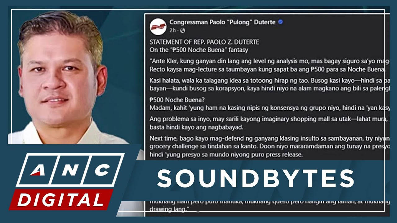 LOOK: Rep. Pulong Duterte hits DTI, Palace for P500 noche buena remark | ANC