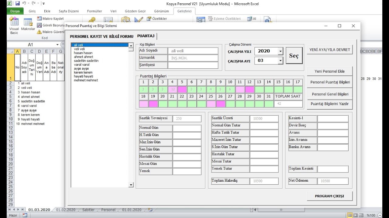 Puantaj Maaş Personel Kayıt Excel VBA