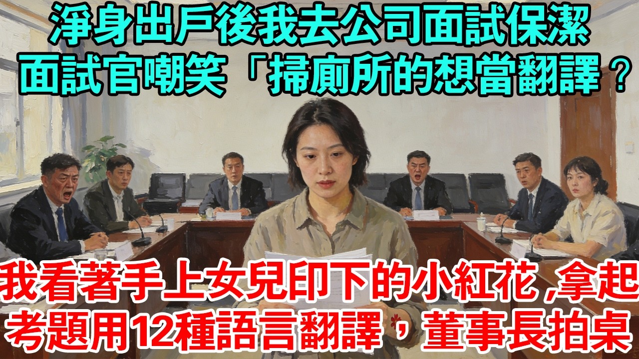 淨身出戶後我去公司面試保潔卻誤入高級翻譯面試房間面試官嘲笑「掃廁所的想當翻譯？」我看著手上女兒印下的小紅花拿起桌上稿件用12種語言翻譯，董事長拍桌#為人處世#生活經驗#情感#人生感悟 #故事頻道