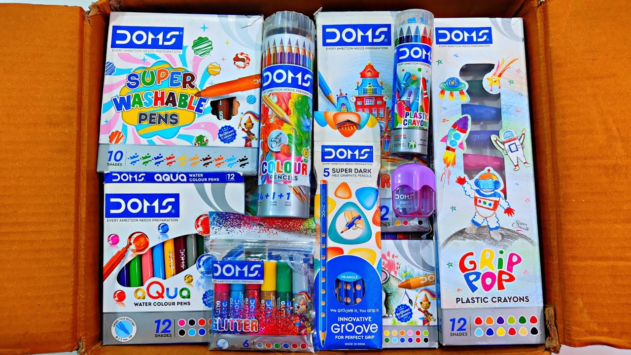 Unboxing DOMS Stationery 📚, Plastic crayons, Washable Pen, Poster Colour, Oil Pastel, Clay, Markers