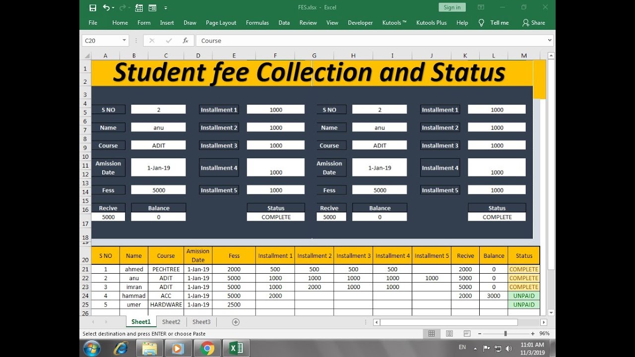 How To Make Automatic student fee collection and status system in excel