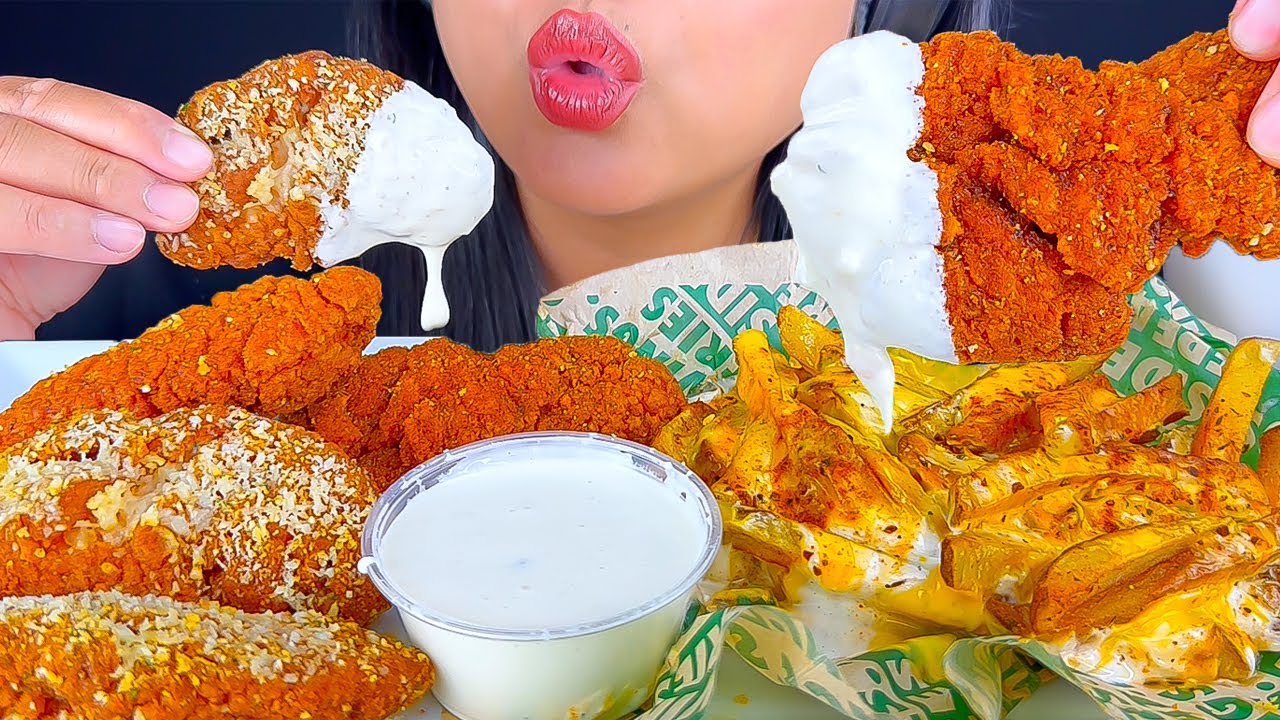 ASMR WINGSTOP MEXICAN STREET SPICE, HOT HONEY CHICKEN TENDERS & CHEESY VOODOO FRIES