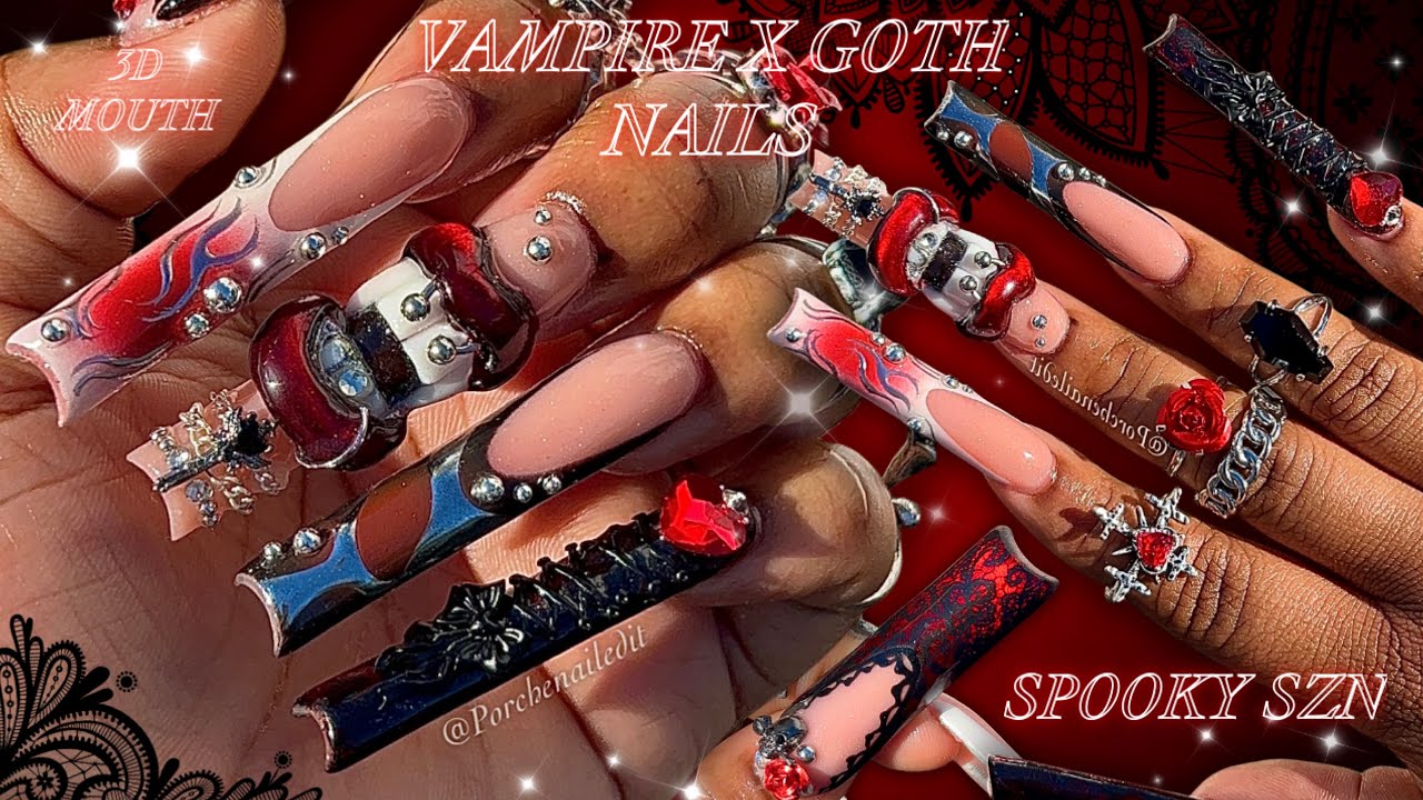 VAMPIRE X GOTH NAILS 🌹🖤⛓️✨ HOW TO 3D MOUTH 🫦🧛🏼‍♀️ LACE & CATEYE DESIGN| STEP BY STEP NAIL TUTORIAL ✨