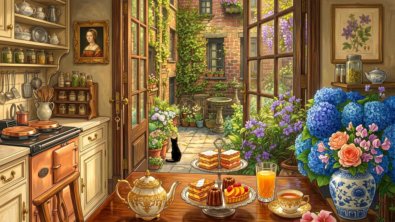 1940s Oldies Playing in Another Room During a Vintage Summer Breakfast by the Garden