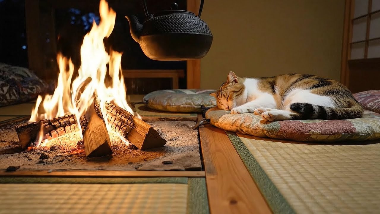 囲炉裏で燃える焚き火の音｜冬の夜にぐっすり眠れる1時間32分