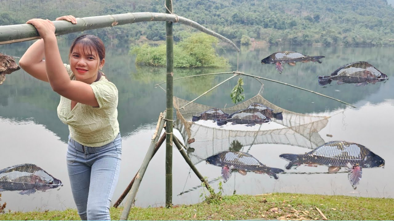 The girl, who is a super giant, fishes, and gets a lot of fish to sell for extra income.