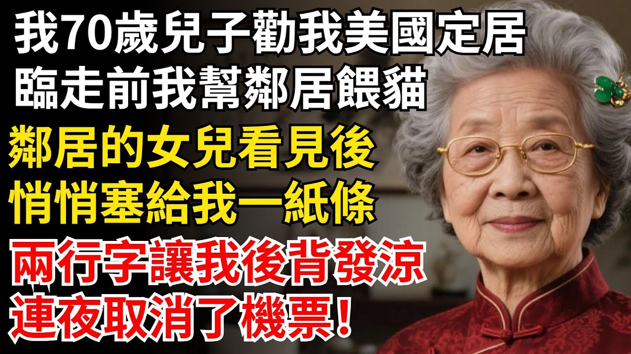 我70歲兒子勸我美國定居，臨走前我幫鄰居餵貓，鄰居的女兒悄悄塞給我一紙條，上面兩行字讓我後背發涼，連夜取消了機票！#晚年生活#中老年生活#為人處世#生活經驗#情感故事#幸福人生#上了年紀該明白的事