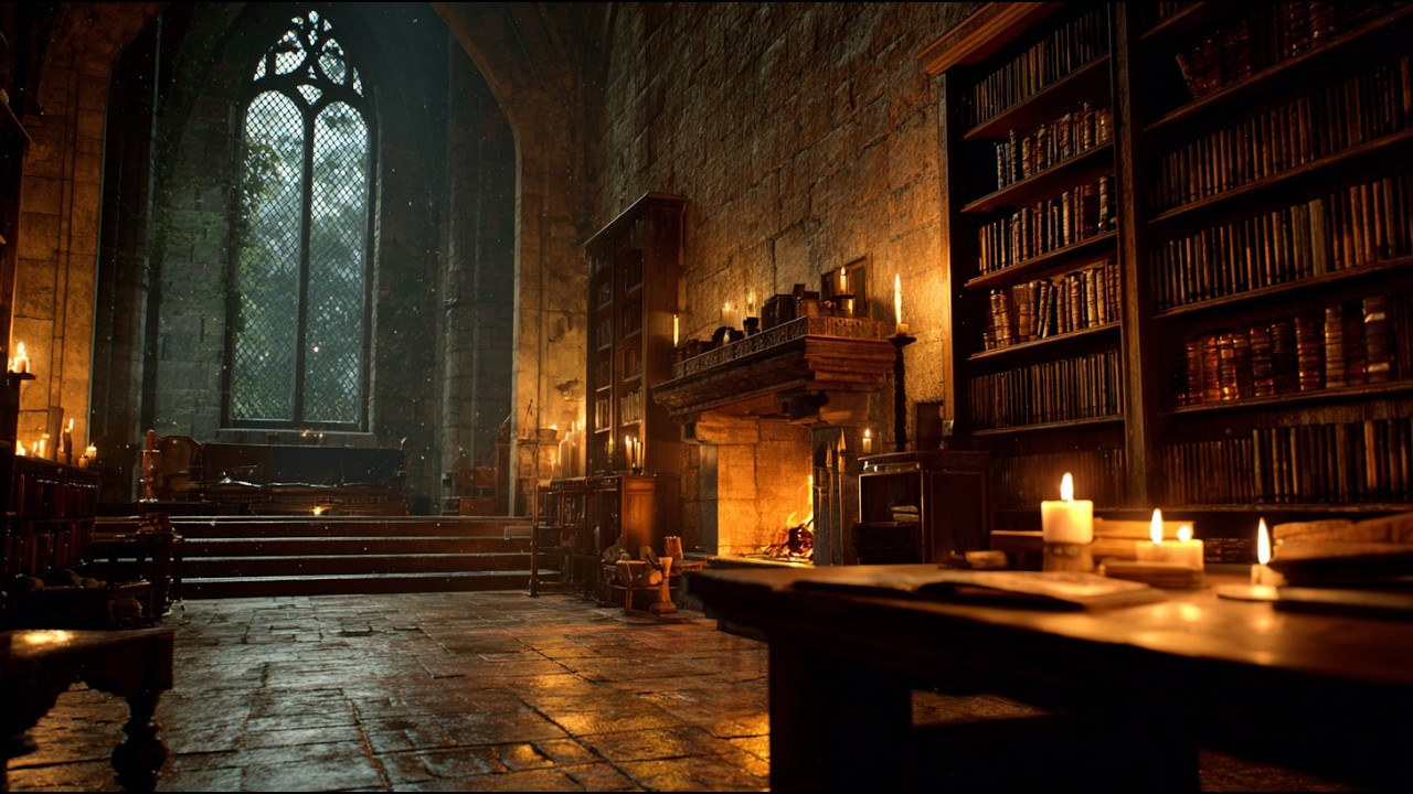 Medieval Library Ambience 🔥 Fireplace & Candles | Study, Pray, Relax (2 Hours)