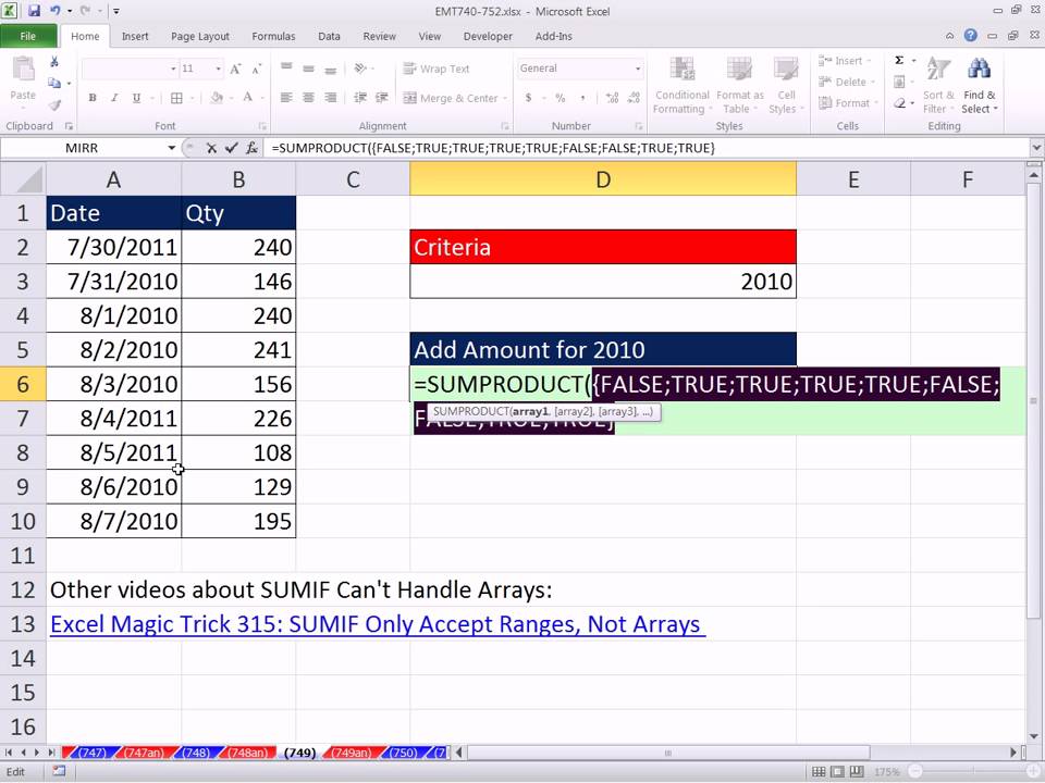 Excel Magic Trick 749: Add Yearly Totals From Daily Date Data without SUMIF Function
