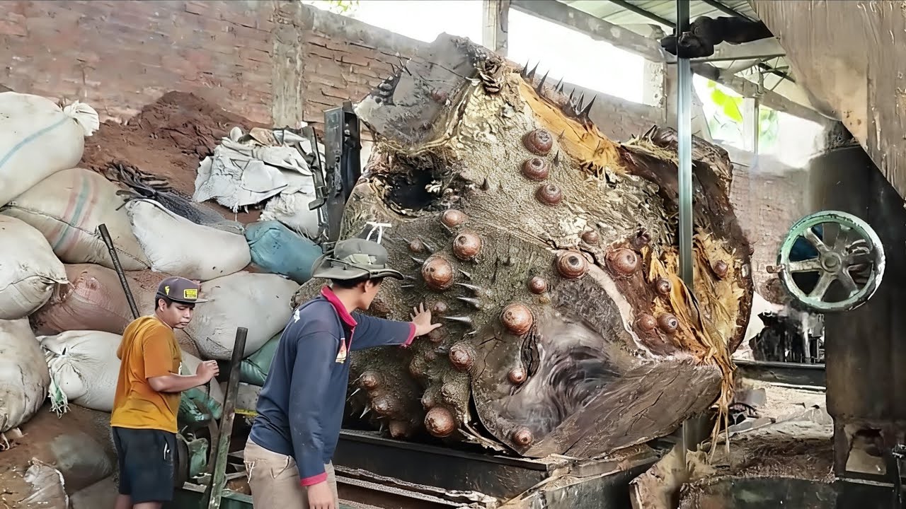The initial process of sawing old trembesi wood: raw material for round tables
