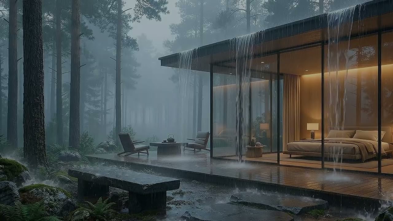 3 Hours Rain and Soft Piano Sounds | Cozy Glass Cabin Forest Night