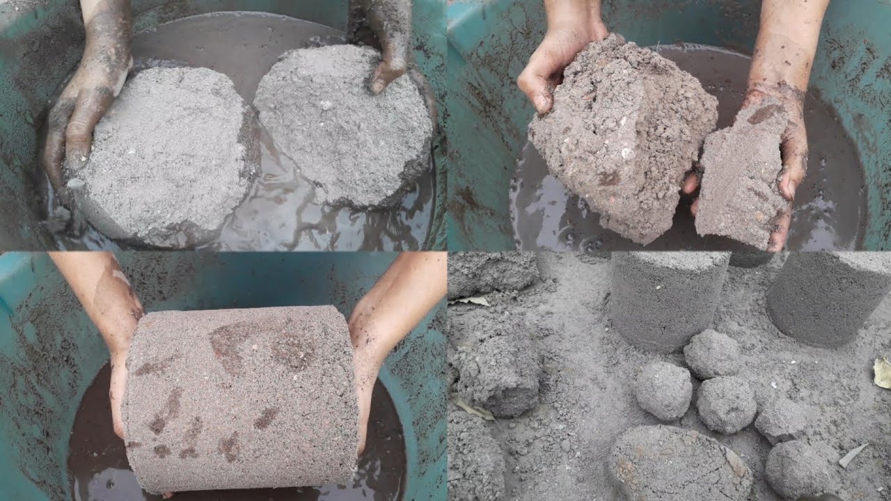 New..Gritty super crunchy cement sand texture chunks+balls crumbling on floor+bucket water crumbling
