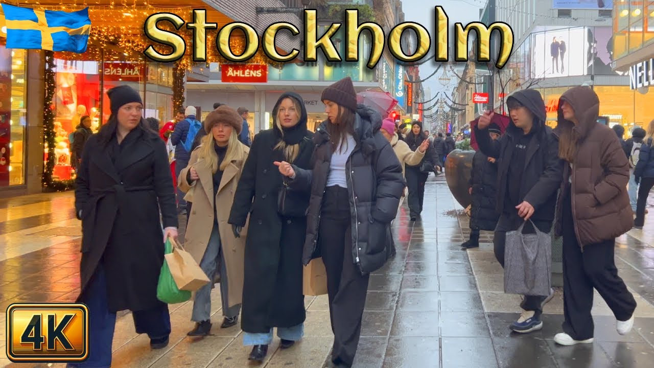 Sweden: Stockholm Walk in Wet Snow and Rain 4K