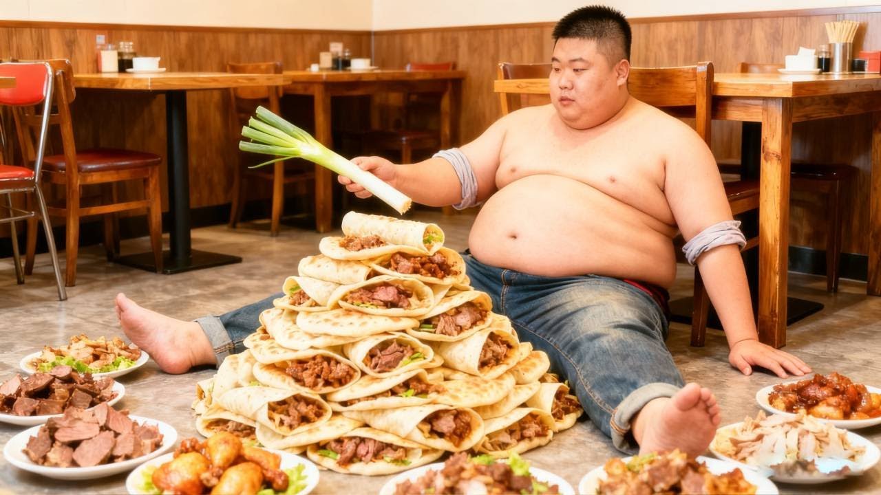 记录400斤良子的一餐：超大号大饼卷肉，看他吃得真叫一个香！#良子大胃袋 #美食 #吃播