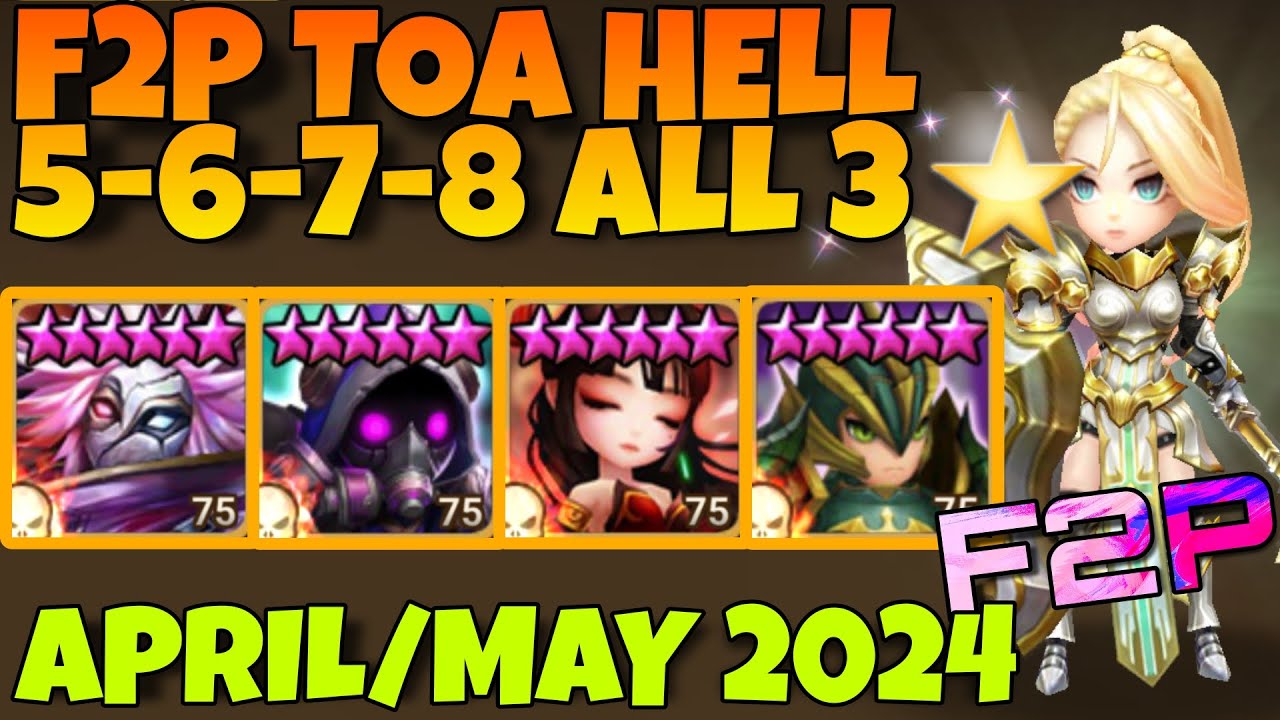 F2P TOA HELL 5 6 7 8 ALL 3⭐ (CARLOS - CAYDE - HONGYEON - LEO) APRIL / MAY 2024 SUMMONERS WAR
