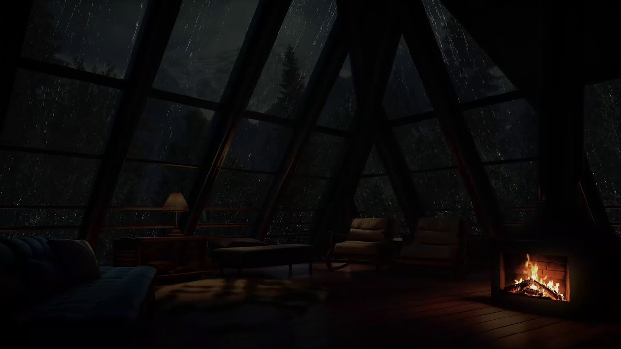 Cozy attic with fireplace and tropical rain to relax the mind and body.