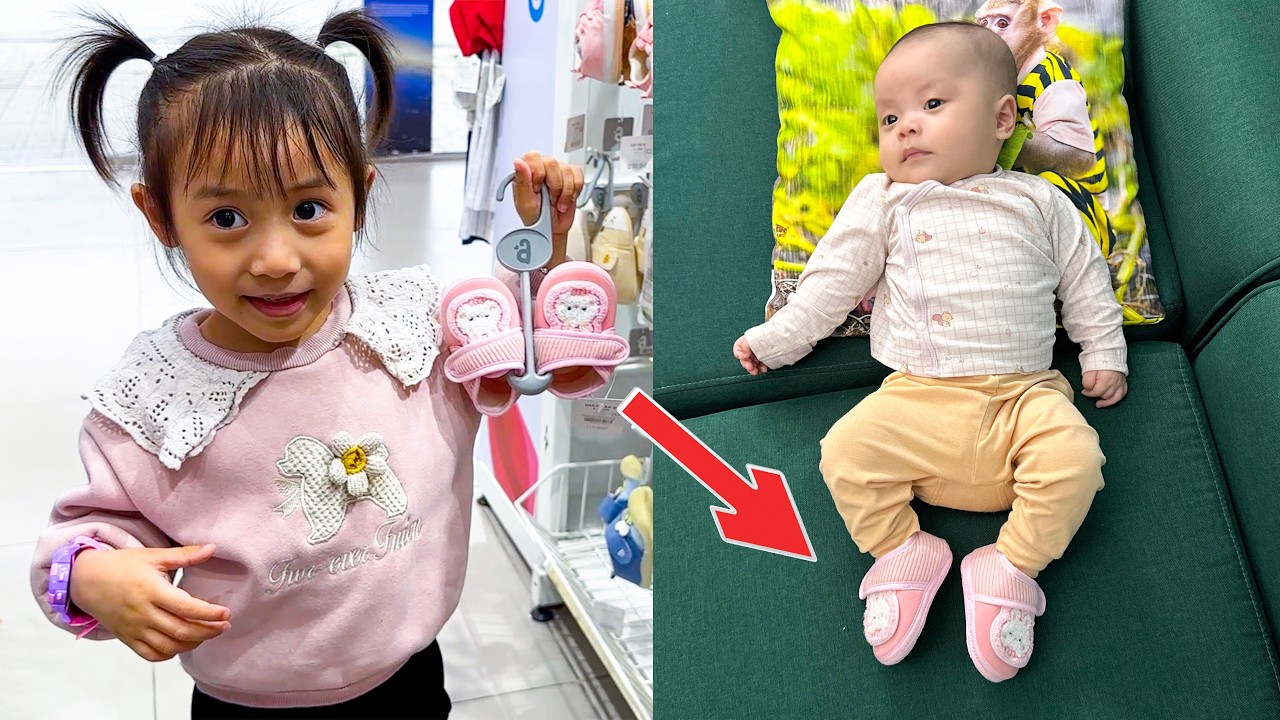 Diem and Dad went to the supermarket to choose shoes for baby Kim