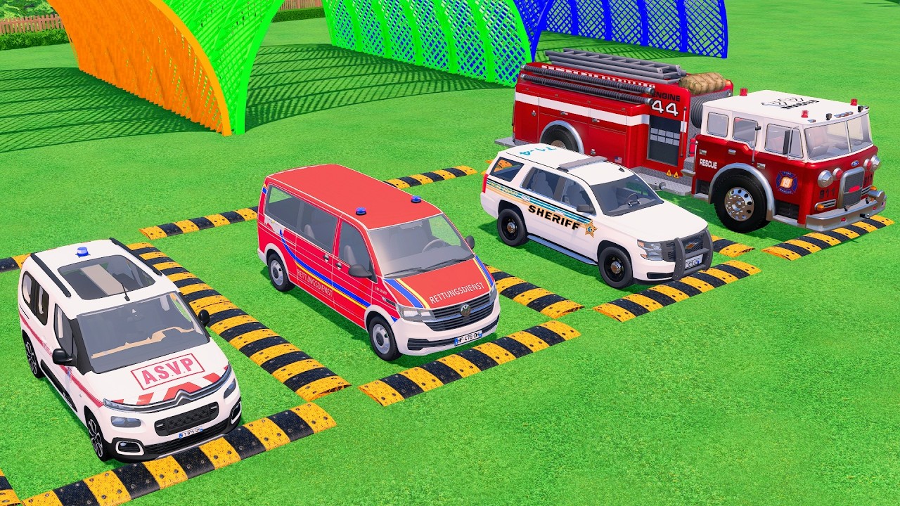 TRANSPORTING POLICE CARS, FIRE TRUCK, AMBULANCE VEHICLES WITH LED EYE TRUCKS ! FS22 #6