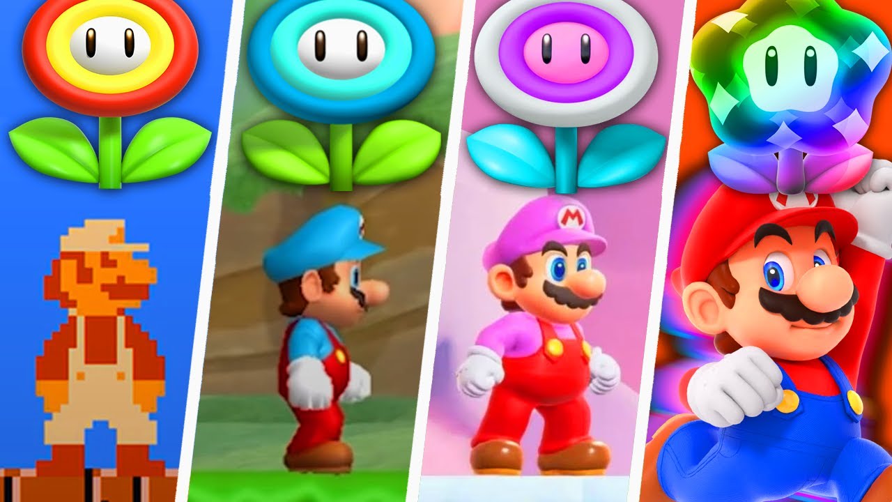 Evolution of Super Mario Flower Power-Ups in 2D Games (1985 - 2024)