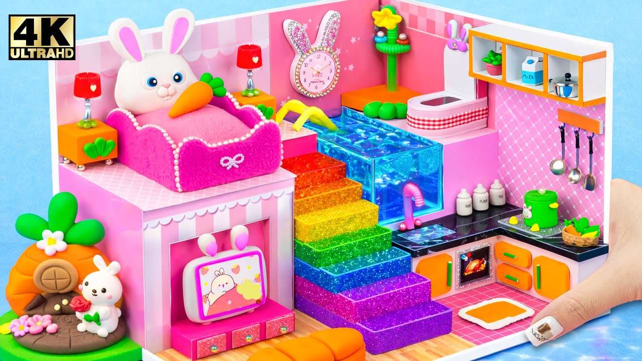 DIY Rainbow Miniature House ❤️ Make Adorable Bunny House from Cardboard with Bedroom & Kitchen