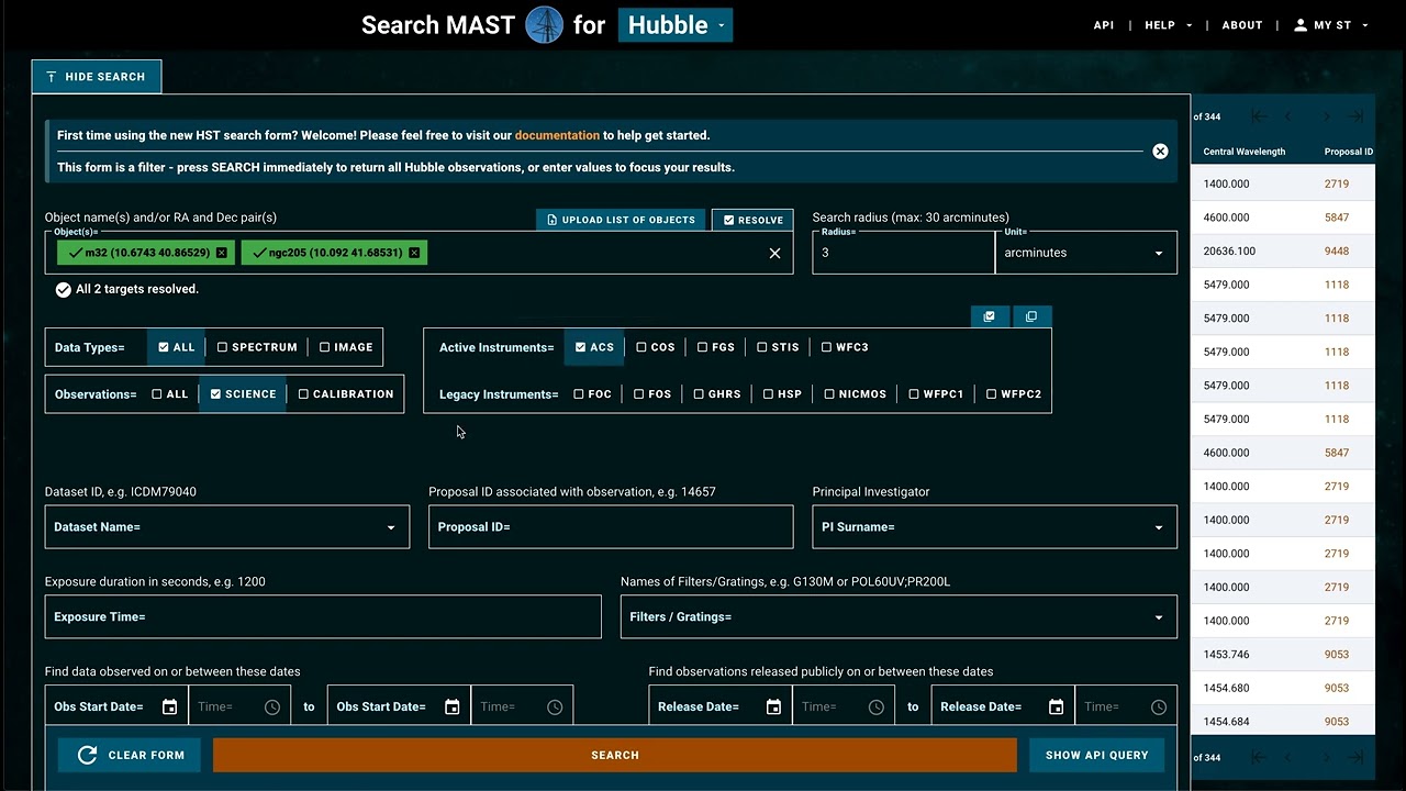 Quick Overview of MAST Hubble Search