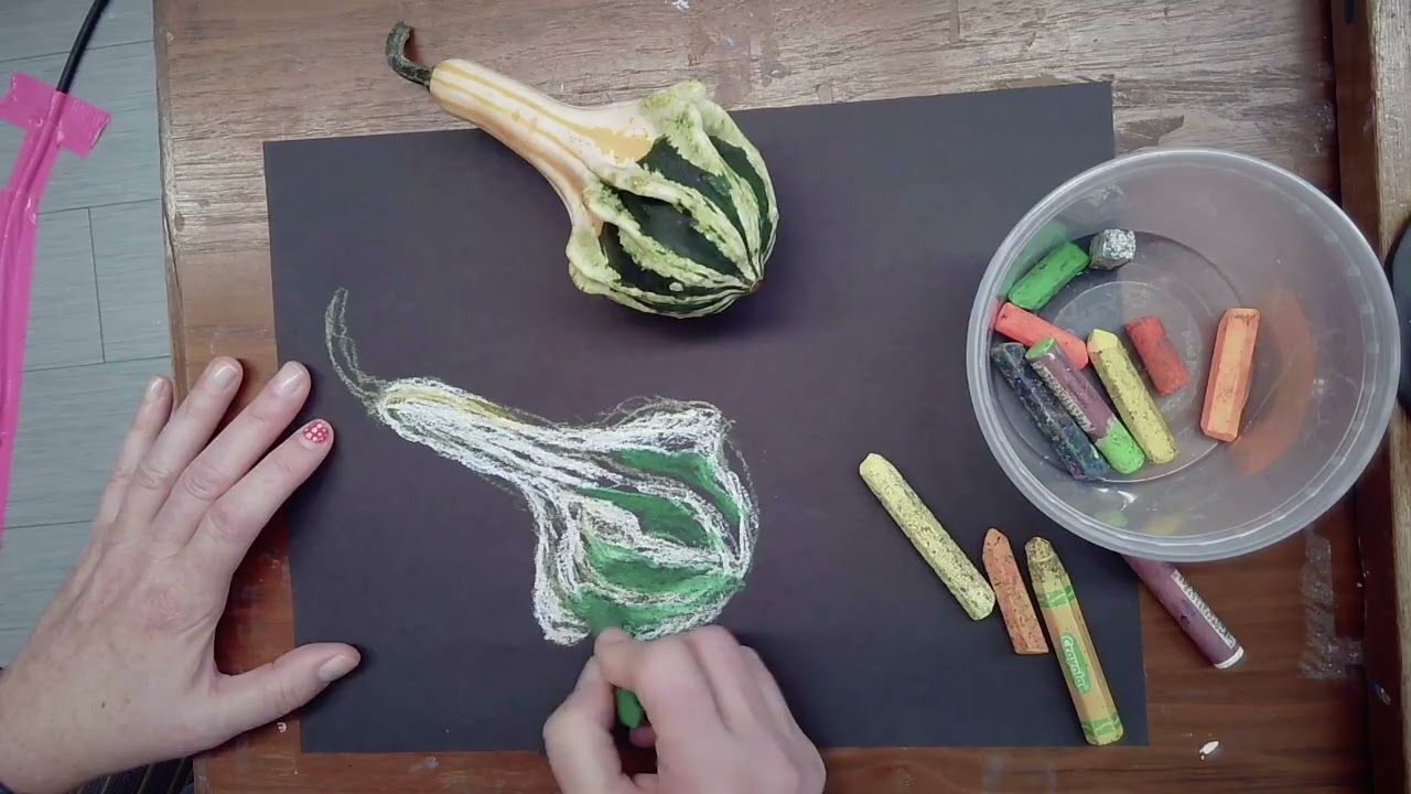 Drawing a gourd with oil pastels