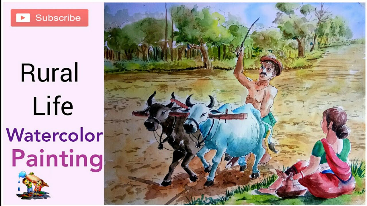 Easy scenery drawing of rural life, Farmer Ploughing Scenery painting,village watercolor painting