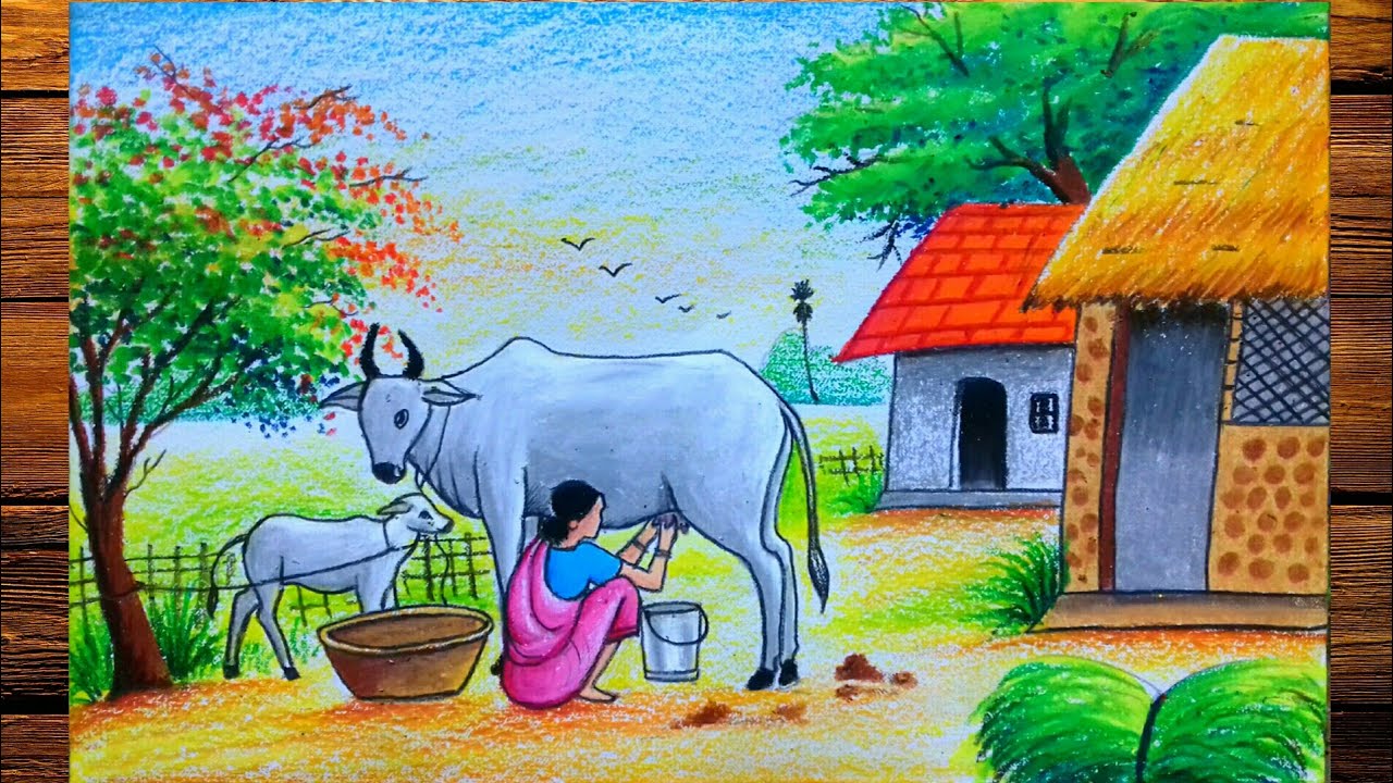 beautiful village nature drawing||cow||woman figure||pastel color
