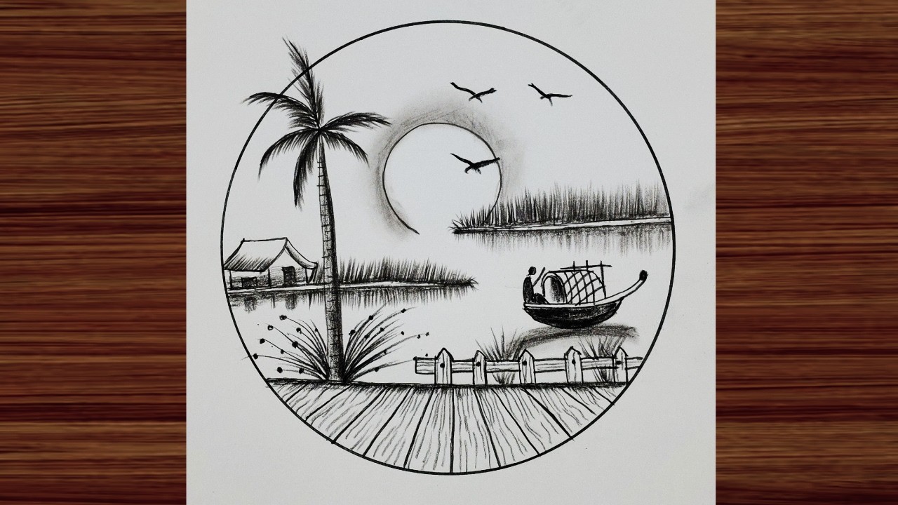 How to Draw Sun Rising River Scenery Step by Step | Easy Landscape Drawing for Beginners