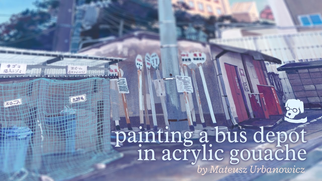 Bus depot in acrylic gouache