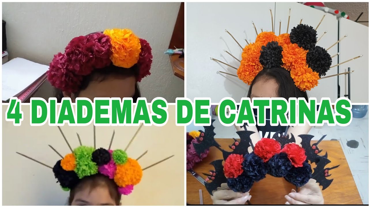 🏵️4 DIADEMAS de CATRINAS  DE PAPEL FACILES DE HACER DIADEMAS DE CATRINAS PARA DIA DE MUERTOS