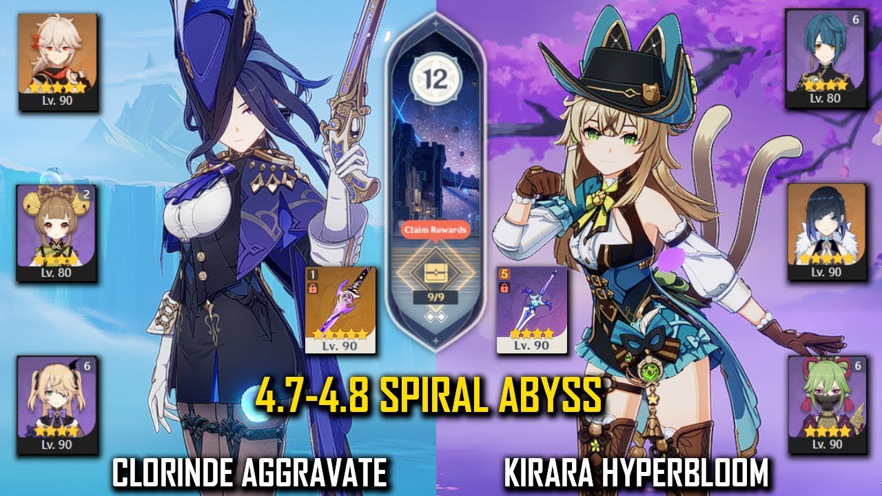 【GI】C0 Clorinde Aggravate and C4 Kirara Hyperbloom -  4.7-4.8 - Spiral Abyss - Floor 12 9 Stars