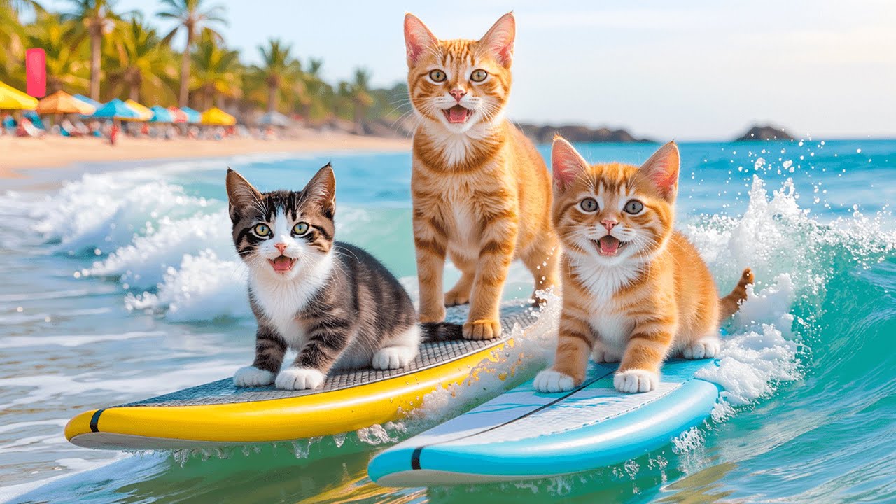 Mama Cat and Kitten Enjoy a Beach Picnic Adventure with Boat Riding and Sunset Views 🐱🚣🌅