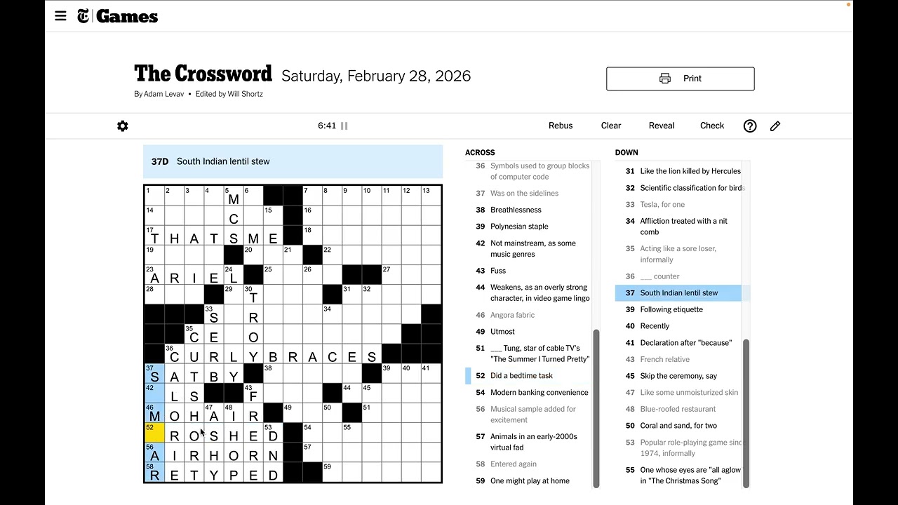 New York Times Crossword Solve - Saturday Feb 28 2026