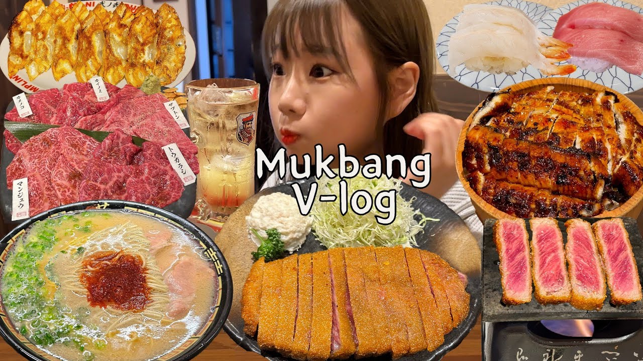 Sub)Mukbang Vlog in Japan- Рамен, Суши, Гюкацу, Рис с угрем 🍜 Пиво, Хайбол 🍺